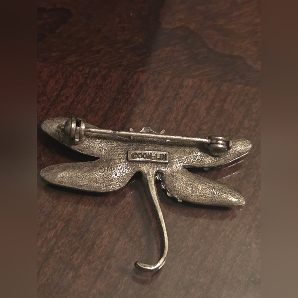 Vintage 1980's Don-lin Silver and Black (With Rhinestones) Dragonfly Brooch - Picture 3 of 6